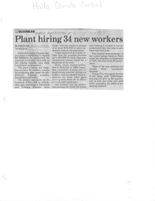 Plant hiring 34 new workers - Halla Climate Control