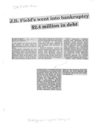 J. B. Field's went into bankruptcy $2.4 million in debt