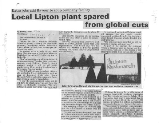 Local Lipton plant spared from global cuts