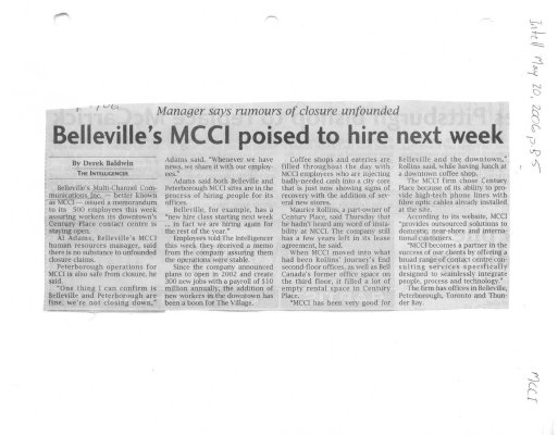 Belleville's MCCI poised to hire next week