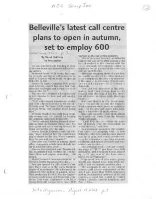 Belleville's latest call centre plans to open in autumn, set to employ 600