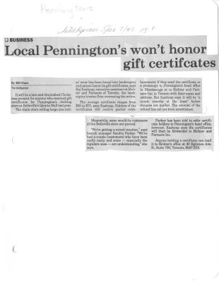 Local Pennington's won't honor gift certificates