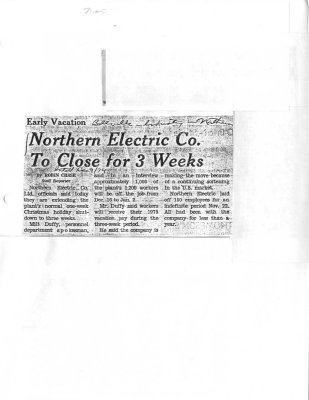 Northern Electric Co. To Close for 3 Weeks