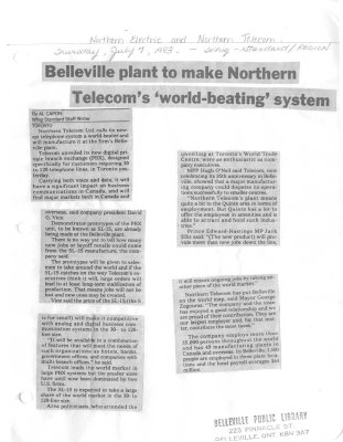 Belleville plant to make Northern Telecom's 'world-beating' system