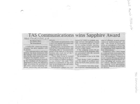 TAS Communications wins Sapphire Award