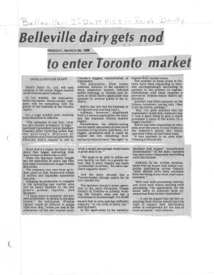 Belleville dairy gets not to enter Toronto market