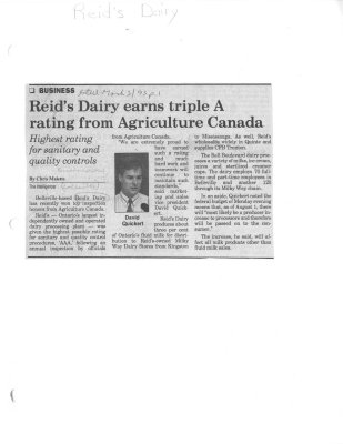 Reid's Dairy earns triple A rating from Agriculture Canada