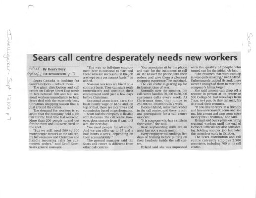 Sears call centre desperately needs new workers