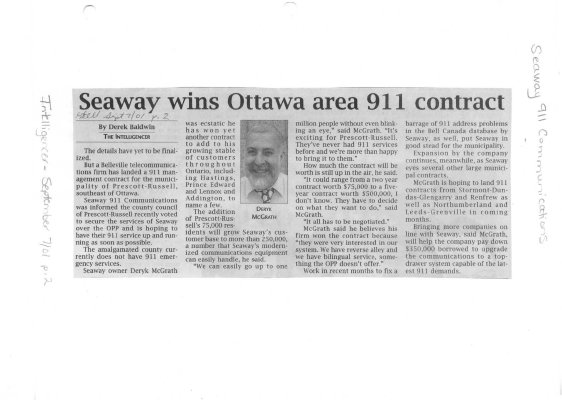 Seaway wins Ottawa area 911 contract