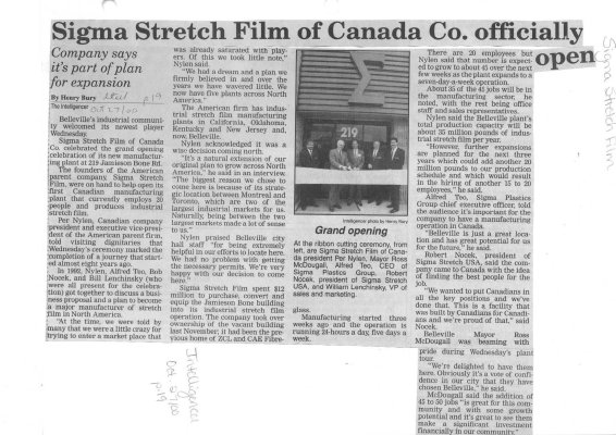 Sigma Stretch Film of Canada Co. officially open