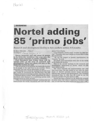 Nortel adding 85 'primo jobs'