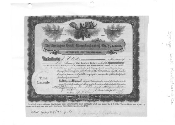 Springer Lock Manufacturing Company stock certificate