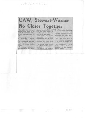 UAW, Stewart-Warner No Closer Together