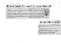 Friends bid farewell to "good friend, honorable man"