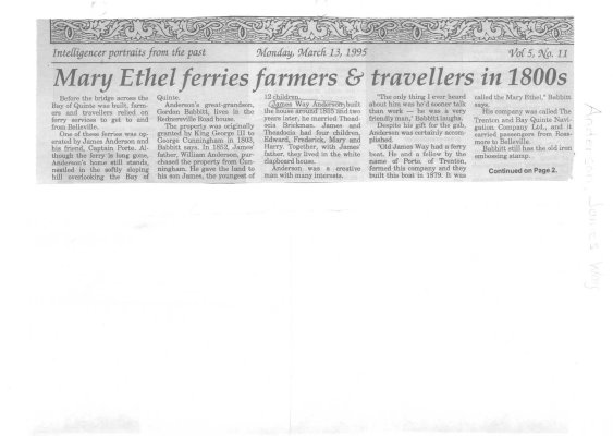 Mary Ethel ferries farmers & travellers in 1800s