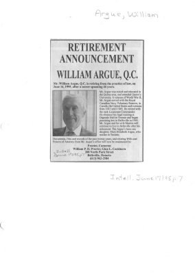 Retirement Announcement: William Argue, Q.C.