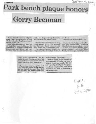 Park bench plaque honors Gerry Brennan