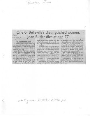 One of Belleville's distinguished women, Joan Butler dies at age 77