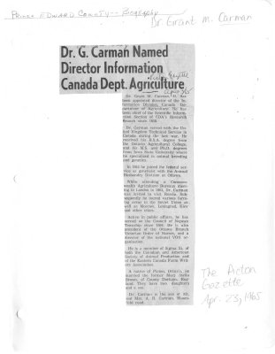 Dr. G. Carman Named Director Information Canada Dept. Agriculture