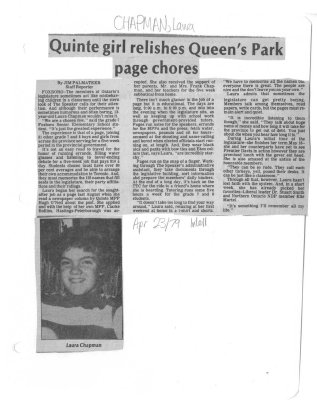 Quinte girl relishes Queen's Park page chores