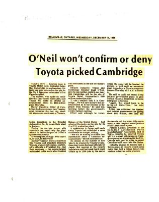 O'Neil won't confirm or deny Toyota picked Cambridge