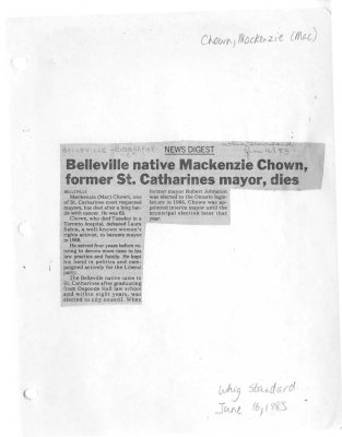 Belleville native MacKenzie Chown, former St. Catharines mayor, dies