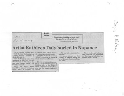 Artist Kathleen Daly buried in Napanee