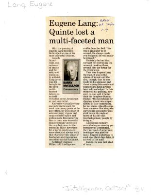 Eugene Lang: Quinte lost a multi-faceted man