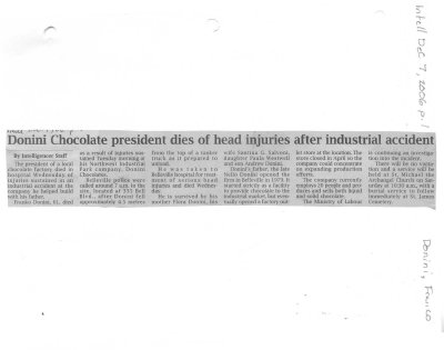 Donini Chocolate president dies of head injuries after industrial accident