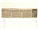 MP, school governor, dies of cancer