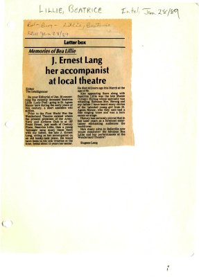 Memories of Bea Lillie: J. Ernest Lang her accompanist at local theatre