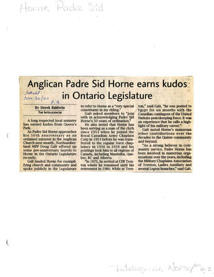 Anglican Padre Sid Horne earns kudos in Ontario Legislature