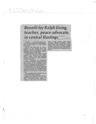 Benefit for Ralph Eising, teacher, peace advocate, in central Hastings