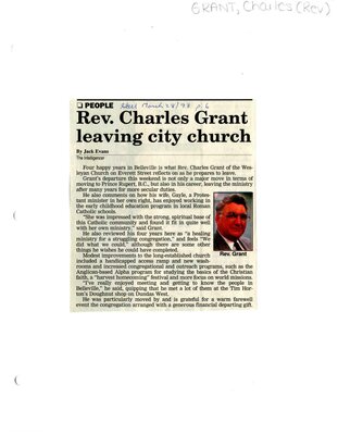 Rev. Charles Grant leaving city church