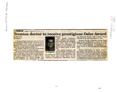 Trenton doctor to receive prestigious Osler Award