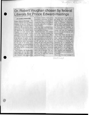 Dr. Robert Vaughan chosen by federal Liberals for Prince Edward-Hastings