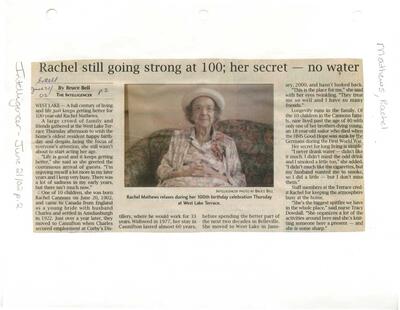 Rachel still going strong at 100; her secret--no water