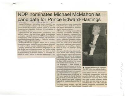 NDP nominates Michael McMahon as candidate for Prince Edward-Hastings