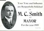 Vote solicitation card printed for M. C. Smith, candidate for the position of Mayor of Burlington in 1919