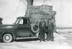 Reg and Gordon Sherwood with Ford F-100 pickup and bales of hay, 1957