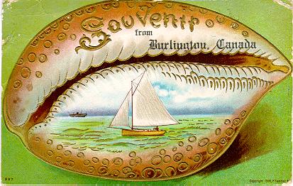 Souvenir from Burlington, Canada -- illustration of shell with painted sailboat; postmarked May 27, 1909