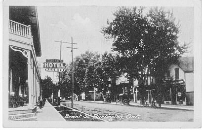 Brant St. Burlington, Ont. -- view of Queen's Hotel sign