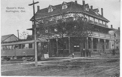 Queen's Hotel, Burlington, Ont. -- view of Hotel and streetcar; postmarked May 10, 1913