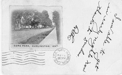 Gore Park, Burlington, Ont. -- small picture, handwritten caption; postmarked August 22, 1905