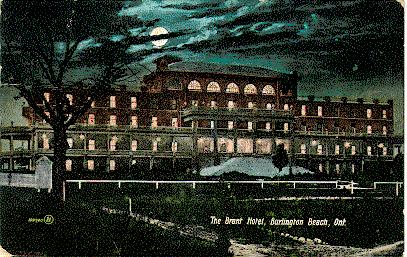 The Brant Hotel, Burlington Beach, Ont -- Exterior, night view; postmarked July 19, 1910