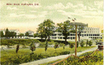 Hotel Brant, Burlington, Ont -- Exterior with extensive grounds, and train on right-hand side; postmarked July 3, 1907
