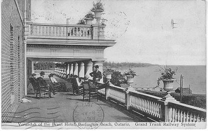 Verandah of the Brant Hotel, Burlington Beach, Ontario. Grand Trunk Railway System -- Exterior; postmarked August 16, 1912