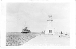 Burlington Beach -- lighthouse & approaching ship; postmarked July 19, 1927
