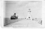 Burlington Beach -- Lighthouse & approaching ship, with flag