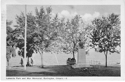 Lakeside Park and War Memorial, Burlington, Ontario; postmarked July 27, 1949